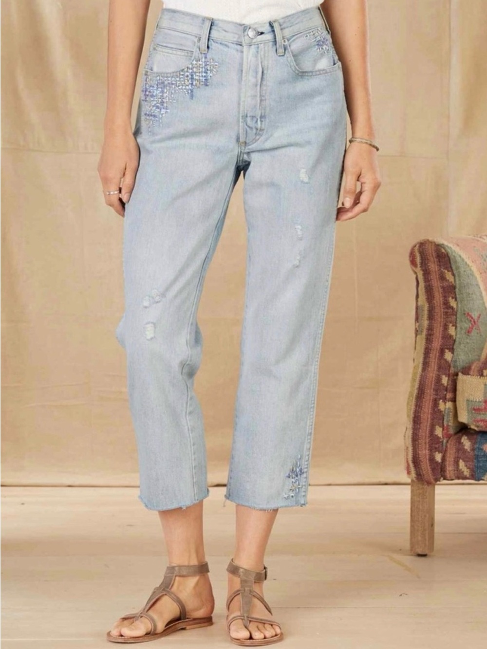 AMO LOVERBOY light blue high rise Relaxed Fit Distressed Jeans 30 NEW NWT